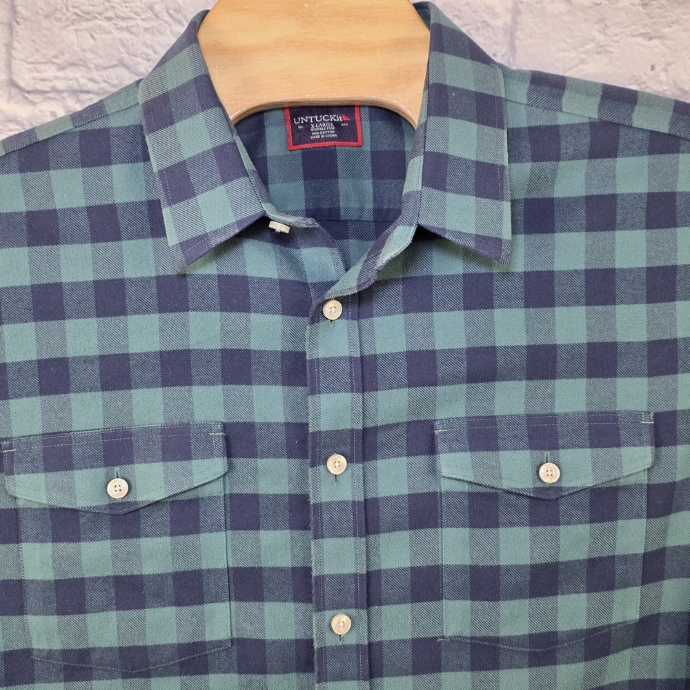 Untuckit Men Vigouroux Blue Green Plaid Flannel Casual Long Sleeve Shirt‎ Sz XL